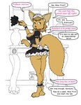 2014 after_transformation anthro anymouse1968 bat-eared_fox blonde_hair blue_eyes breasts butt canid canine choker cleaning_tool clothing dialogue digitigrade english_text feather_duster female fox fur hair holding_cleaning_tool holding_feather_duster holding_object inside jewelry looking_back looking_up maid_headdress maid_uniform mammal necklace offscreen_character open_mouth short_hair solo standing tan_body tan_fur text uniform