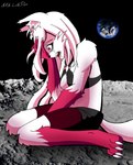 anthro black_clothing bodily_fluids bottomwear bra breasts claws clothed clothing crying earth female fur gloves_(marking) hair hand_on_face inner_ear_fluff leg_markings loincloth long_hair looking_down markings moon open_mouth pink_body pink_eyes pink_fur planet shorts sitting sitting_on_ground socks_(marking) solo space tears teeth tuft underwear white_body white_claws white_fur white_hair nikku_lunatique charlie_(nikku_lunatique) canid canine canis fox mammal hi_res