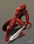 anthro blue_eyes claws erection genitals grey_background looking_at_viewer male melee_weapon muscular muscular_anthro muscular_male nude penis pink_penis red_body red_scales scales simple_background solo sword weapon amon-sydonai yagaru komodo_dragon lizard monitor_lizard reptile scalie 2018 hi_res