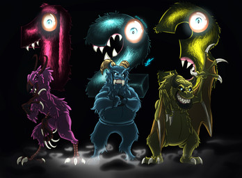 blue_eyes claws creepy fangs female fog fur glowing glowing_eyes group male number pink_body pink_fur puppet teeth wings yellow_body yellow_fur rile-reptile 1_2_3_slaughter_me_street mythology the_follower the_greeter the_waiter avian bird bovid caprine dragon goat mammal mythological_creature mythological_scalie scalie absurd_res hi_res