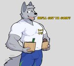 anthro big_muscles blue_bottomwear blue_clothing blue_pants bottomwear bread bulge clothing dialogue food fur grey_body grey_fur groceries holding_bag male mascot muscular muscular_anthro muscular_male open_mouth pants pecs pink_tongue shirt slogan solo t-shirt tail tail_motion tailwag teeth text tongue topwear white_clothing white_shirt white_t-shirt white_topwear yellow_text jrjresq pump_&_pantry bones_(pump_&_pantry) canid canine canis mammal wolf english_text hi_res