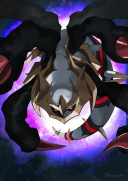 alternate_form ambiguous_gender black_sclera colored_sclera commentary distortion_world feral front_view glowing glowing_eyes grey_body looking_at_viewer markings red_eyes red_markings solo spikes tentacles text hareruya_(smomo2227) nintendo pokemon generation_4_pokemon giratina legendary_pokemon origin_forme_giratina pokemon_(species) absurd_res english_text hi_res signature