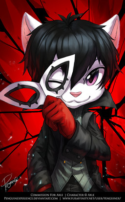 abstract_background anthro black_clothing black_coat black_hair black_topwear chibi clothed clothing coat fur glistening glistening_eyes gloves grey_clothing grey_topwear hair handwear looking_at_viewer male purple_eyes red_clothing red_gloves red_handwear short_hair solo standing text topwear white_body white_fur penguinexperience domestic_cat felid feline felis mammal english_text half-length_portrait portrait signature url