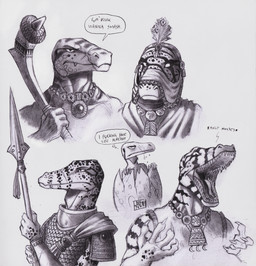 4_fingers anthro armor birth bracelet clothed clothing dialogue egg feathered_headdress fingers hatching_from_egg headdress holding_melee_weapon holding_object holding_polearm holding_spear holding_weapon jewelry looking_aside looking_forward male markings melee_weapon necklace open_mouth polearm profanity scale_armor scale_markings scales simple_background solo spear speech_bubble spots spotted_body spotted_scales striped_body striped_scales stripes teeth text thought_bubble topwear veil weapon white_background 0laffson lizard reptile scalie 2021 english_text hi_res multiple_images signature sketch_page traditional_media_(artwork)