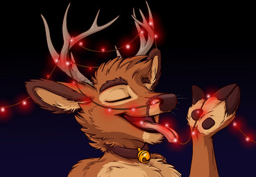all_the_way_through ambiguous_threading anthro antlers bell christmas_decorations christmas_lights collar eyes_closed facial_piercing happy holidays hooves horn male nose_piercing open_mouth penetration piercing simple_background solo string_lights threaded_by_object threaded_by_rope tongue tongue_out tirrel christmas tirrel_(tirrel) deer mammal 2014