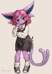 3_fingers anthro anthrofied apron big_ears big_eyes biped blush brush cheek_tuft clothed clothing collarbone dress_shirt ear_tuft facial_tuft female fingers footwear forehead_gem forked_tail fur gem hair hand_on_face kemono looking_at_viewer loose_socks necktie paintbrush pink_hair pokemorph purple_body purple_eyes purple_fur school_uniform shirt shoes short_hair simple_background sneakers solo standing tail topwear tuft twitter_handle uniform unusual_anatomy unusual_tail peppergecko72 nintendo pokemon eeveelution espeon generation_2_pokemon pokemon_(species) absurd_res artist_name hi_res signature