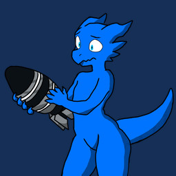 ambiguous_gender biped blue_body blue_eyes blue_skin holding_object horn missile nuke question_mark solo standing surprised tail tapering_tail thick_tail 0x0001 kobold scalie 1:1 absurd_res alpha_channel hi_res portrait three-quarter_portrait