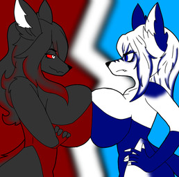 angry anthro arms_crossed_under_breasts big_breasts black_body black_fur black_hair blue_body blue_eyes blue_fur blue_hair_tips breasts clothing comparing comparing_breasts crossed_arms duo fangs female female/female fur gradient_hair hair hand_on_hip huge_breasts multicolored_body multicolored_fur red_hair red_hair_tips red_sclera smug teeth titfight white_body white_fur white_hair scrow atomicbraven sera_(scrow) canid canine canis mammal wolf