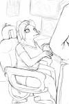 anthro breasts chair clothed clothing computer cybernetics duo electronics exclamation_point female fur furniture hair machine null pupils symbol-shaped_pupils teeth unusual_pupils blokfort acid_rain star_dismond american_opossum human mammal marsupial 2018 2:3 hi_res line_art monochrome