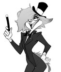 anthro bow_tie clothing female gloves hair hair_over_eye handwear hat headgear headwear leotard magic_wand magician magician_hat one_eye_obstructed solo top_hat lenyavok oriana_thaffer canid canine canis mammal wolf 2021 absurd_res hi_res monochrome