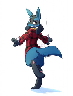 black_body black_fur blue_body blue_fur bone bone_in_mouth bottomless clothed clothing fur looking_back male pattern_clothing plaid plaid_clothing simple_background smile solo spikes spikes_(anatomy) tan_body tan_fur white_background sourbeefio nintendo pokemon canid canine generation_4_pokemon lucario mammal pokemon_(species) hi_res