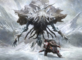 ambiguous_gender armor backpack crouching duo front_view holding_melee_weapon holding_object holding_sword holding_weapon horn ice melee_weapon outside rear_view size_difference storm sword tentacles weapon mike_bierek hasbro magic:_the_gathering wizards_of_the_coast elemental_creature mineral_fauna monster official_art