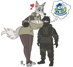anthro balaclava big_breasts black_boots black_clothing black_footwear black_gloves black_handwear black_nose blue_body blue_fur boots bottomwear breasts claws cleavage_cutout clothing combat_boots company_logo cutout duo female fluffy fluffy_tail footwear fur glistening_eyelids gloves gorka_suit grey_body grey_bottomwear grey_clothing grey_fur grey_jacket grey_pants grey_topwear handwear headpat heart_symbol hearts_around_head hooded_jacket imagination inner_ear_fluff jacket larger_female legwear long_snout looking_down looking_down_at_another looking_up looking_up_at_another male male/female mask military_gloves military_jacket military_pants military_uniform multicolored_body pants pink_inner_ear shoes size_difference smaller_male smile snout stirrup_legwear stirrup_stockings stockings striped_body striped_fur stripes tail tan_clothing tan_jacket tan_topwear text thigh_highs thought_bubble toe_claws topwear tuft two_tone_body uniform white_body white_fur nautilusbomb prostokvashino canid canine canis domestic_cat felid feline felis human mammal wolf 2026 cyrillic_text hi_res