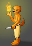 anthro bottomwear clothing collarbone dagger frown fur fure knife looking_at_viewer male melee_weapon mouth_closed pants plantigrade shadow solo weapon yellow_body yellow_fur furmazing canid canine canis domestic_dog mammal