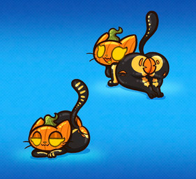 anthro big_butt black_bodysuit black_clothing black_skinsuit blue_background bodysuit breasts butt clothing empty_eyes eyelashes feet female food for_a_head front_view fruit jack-o'-lantern looking_at_viewer looking_back looking_back_at_viewer open_mouth open_smile plant pumpkin rear_view simple_background skeleton_costume skinsuit smile solo thick_thighs tight_clothing torn_bodysuit torn_clothing torn_skinsuit whiskers wide_hips yellow_eyes yellow_nose stickyfan epic_games fortnite spice_(fortnite) domestic_cat felid feline felis mammal object_head