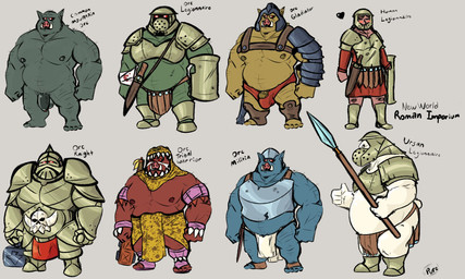 anthro armor balls belly blue_body bottomwear bulge clothing flaccid foreskin genitals green_body group headgear helmet humanoid_genitalia humanoid_hands humanoid_penis loincloth male moobs nipples overweight overweight_male penis red_body simple_background text weapon white_body desertb0ar bear domestic_pig human humanoid hybrid mammal orc polar_bear suid suine sus_(pig) ursine 2019 english_text hi_res