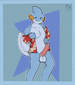 4_fingers aloha_shirt animal_genitalia anthro balls big_penis biped black_eyes blue_background blue_balls blue_body blue_border blue_nipples blue_skin blue_tail bodily_fluids border bottomless bottomless_anthro bottomless_male clothed clothing collared_shirt countershade_face countershade_neck countershade_torso countershading dress_shirt dripping erection fin fingers genital_fluids genital_slit genital_slit_balls genitals head_fin looking_at_viewer male nipples pattern_clothing pattern_shirt pattern_topwear penis pink_penis precum precum_drip presenting presenting_penis red_clothing red_shirt red_topwear removing_shirt shirt shirt_only simple_background slim solo standing tail tail_fin topwear topwear_only undressing kickingkeldeo nintendo pokemon roy_(luketm) generation_3_pokemon mudkip pokemon_(species) 2025 dated digital_drawing_(artwork) digital_media_(artwork) film_grain hi_res signature