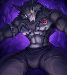 anthro blue_bottomwear blue_clothing blue_pants bottomwear bulge clothed clothing fur glowing glowing_eyes looking_at_viewer looking_down looking_down_at_viewer low-angle_view male muscular muscular_anthro muscular_male pants sharp_teeth solo teeth topless topless_anthro topless_male nurinaki mythology yu-gi-oh! lycanthrope_(yugioh) canid canine canis mammal mythological_canine mythological_creature werecanid werecanine werecreature werewolf wolf 2023 hi_res watermark