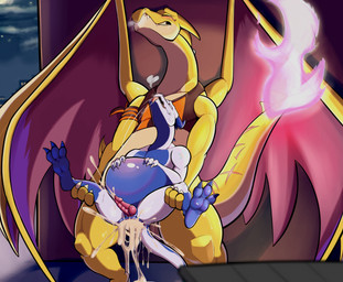 anal anal_penetration animal_genitalia animal_penis anthro anthro_on_anthro anthro_penetrated anthro_penetrating anthro_penetrating_anthro bared_teeth belly belly_inflation big_penis blue_body blush blush_lines bodily_fluids breath butt claws clenched_teeth clothed clothed_anthro clothed_male clothing cum cum_drip cum_in_ass cum_inflated_belly cum_inflation cum_inside cum_on_penis cum_overflow cumshot dominant dripping duo ejaculation erection eyes_closed feet femboy from_behind_position front_view fucked_silly genital_fluids genital_slit genitals heart_eyes heart_symbol inflation knot knotted_penis larger_anthro larger_dom larger_male leg_grab legs_up looking_pleasured lying male male/male male_penetrated male_penetrating male_penetrating_male markings markings_on_body membrane_(anatomy) membranous_wings narrowed_eyes neck_bulge nude on_front panting partially_clothed penetration penile penile_penetration penis penis_in_ass precum_on_own_penis reverse_stand_and_carry_position ridged_knotted_penis ridged_penis sex size_difference smaller_male smaller_penetrated spread_legs spread_wings spreading standing standing_sex tail teeth teeth_showing toe_claws tongue tongue_out white_body wings yellow_body voltek mythology nintendo pokemon fan_character shao_(shaonics) voltek_(character) charizard dragon generation_1_pokemon mythological_creature mythological_scalie pokemon_(species) scalie absurd_res hi_res