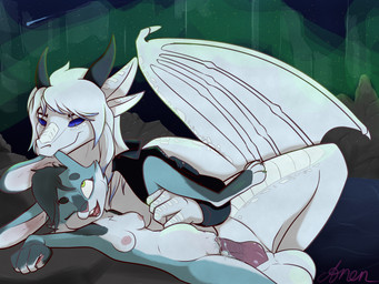 anthro areola aurora_(phenomenon) balls bite bodily_fluids breasts cum cum_in_vagina cum_inflation cum_inside duo ear_bite female female_penetrated fur genital_fluids genitals green_eyes hair holding_leg holding_leg_up impregnation inflation internal intersex intersex/female knot knotted_penis lying male mountain night nipples nude on_side open_mouth outside_sex ovum ovum_penetration penetration penis sex size_difference sky smile star teeth vaginal vaginal_penetration anentheotter astra_(anentheotter) aurellia_(silver_guardian) hybrid mammal marsupial mustelid ottaroo silver_dragon 4:3 hi_res