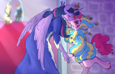 anthro blush clothing crown dress duo female headgear horn jester kissing wings violetpony11 friendship_is_magic hasbro my_little_pony mythology applejack_(mlp) pinkie_pie_(mlp) rainbow_dash_(mlp) twilight_sparkle_(mlp) earth_pony equid equine horse mammal mythological_creature mythological_equine pony winged_unicorn hi_res