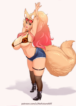 animal_print big_breasts bikini bikini_top blonde_hair boots bottomwear breasts clothing denim denim_bottomwear denim_clothing denim_shorts ear_piercing eyelashes eyewear female fluffy fluffy_tail footwear hair high_heeled_boots high_heels legwear leopard_print multicolored_hair navel navel_piercing piercing pink_hair shoes shorts solo sunglasses swimwear tail tattoo text thigh_highs thong tongue tongue_out two-piece_swimsuit underwear nofuture animal_humanoid canid canid_humanoid canine canine_humanoid fox_humanoid humanoid mammal mammal_humanoid 2025 hi_res url