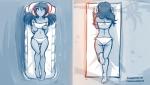 2019 7:4 animal_humanoid bare_shoulders beach bikini blush book butt clothed clothing conditional_dnp dakimakura dakimakura_design dragon dragon_humanoid female flat_chested floating hi_res horn humanoid looking_at_viewer lounging lying madam_reni_(twokinds) midriff monochrome mythological_creature mythological_scalie mythology navel on_back on_front one_leg_up outside raised_leg reading sand scalie seaside shadow sketch skimpy smile solo swimwear tom_fischbach twokinds water