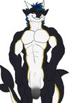 abs anthro balls big_balls big_penis black_body black_sclera blue_hair flaccid foreskin genitals hair horn humanoid_genitalia humanoid_penis male markings muscular penis simple_background smile solo tail white_background white_body yellow_eyes yellow_markings cleini mythology achyx dragon fish hybrid marine mythological_creature mythological_scalie scalie shark 2023 digital_media_(artwork) hi_res