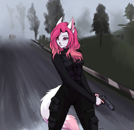 anthro black_nose breasts ear_piercing eyebrows female fluffy fluffy_tail fur gun hair handgun holding_gun holding_object holding_ranged_weapon holding_weapon long_hair long_tail looking_away m1911 outside piercing pink_eyes pink_hair pistol plant ranged_weapon road solo standing tail tree weapon white_body white_fur r10iwr colt's_manufacturing_company s.t.a.l.k.e.r. canid canine mammal 2022 character_request hi_res watermark