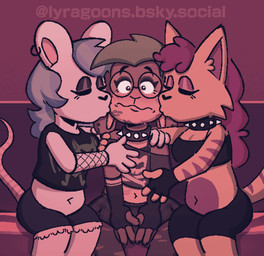 alternative_fashion anthro arm_warmers armwear bat_(object) black_bottomwear black_bra black_clothing black_crop_top black_eyeshadow black_shirt black_skirt black_topwear black_underwear blue_hair blush bottomwear bra breasts brown_body brown_fur cleavage clothed clothing collar crop_top curly_hair denim denim_bottomwear denim_clothing denim_shorts ear_piercing ear_ring eyeliner eyes_closed eyeshadow eyewear female fingerless_gloves fishnet_armwear fishnet_clothing fur furniture glasses gloves green_hair group hair hand_on_chest hand_on_shoulders handwear inside kiss_mark kiss_mark_on_belly kiss_mark_on_face kissing kissing_cheek legwear makeup male male/female markings multiple_piercings on_sofa piercing pink_eyeshadow pink_hair ring_piercing round_glasses shirt shorts sitting sitting_on_sofa skirt skull_and_crossbones sofa spiked_collar spikes stockings striped_markings striped_tail stripes tail tail_markings text topwear torn_clothing torn_legwear torn_stockings trio underwear white_body white_fur lyraarts nolan_(pampoxen) lagomorph leporid mammal murid murine rabbit rat rodent springhare 2026 artist_name hi_res trans_(lore) trans_woman_(lore)
