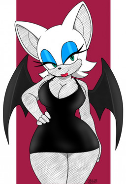anthro bedroom_eyes big_breasts black_clothing black_dress breasts clothed clothing dress eyeshadow female fur green_eyes lipstick looking_at_viewer makeup membrane_(anatomy) membranous_wings narrowed_eyes red_lipstick seductive simple_background smile solo tight_clothing tight_dress white_body white_fur wings dragonboy618 sega sonic_the_hedgehog_(series) rouge_the_bat bat mammal digital_media_(artwork) hi_res signature
