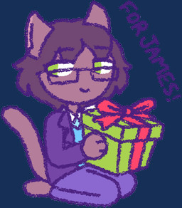 anthro blue_clothing blue_shirt blue_topwear bottomwear brown_body brown_fur clothing fur gift green_eyes green_gift holding_object jacket kneeling male pants purple_bottomwear purple_clothing purple_jacket purple_pants purple_topwear red_ribbon shirt smile solo tail topwear 90percentdenny 90_percent_studios purrfect_apawcalypse bill_(fallenintodreams) fan_character domestic_cat felid feline felis mammal alpha_channel low_res
