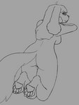 3:4 anthro big_butt breasts butt canid canine canis domestic_dog feet female looking_at_viewer looking_back luminouslumi mammal monochrome pawpads paws presenting presenting_hindquarters side_boob solo tail thick_thighs