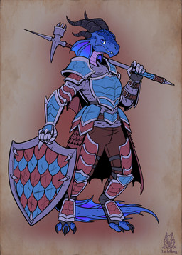 3_toes anthro armor blue_armor blue_body blue_eyes blue_scales blue_tail claws clothed clothing feet fully_clothed gauntlets gloves handwear holding_object holding_shield holding_weapon horn looking_at_viewer scales shield shoulder_guards solo standing tail toe_claws toes weapon weapon_on_shoulder lichfang mythology dragon mythological_creature mythological_scalie scalie 2020 full-length_portrait hi_res portrait
