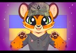 anthro black_bars blep chibi clothing digicamo digital_camo digital_camouflage female glistening glistening_eyes green_eyes looking_at_viewer military_uniform politics purple_background raised_hand simple_background solo sparkles tongue tongue_out tryzub ukraine ukrainian_flag uniform lomtik_(artist) vtuber fan_character lomtik canid canine domestic_cat felid feline felis fennec_fox fox hybrid mammal true_fox artist_name digital_media_(artwork) half-length_portrait hi_res letterbox portrait