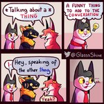 1:1 canid canine comic dialogue english_text felid feline fox fur glassshine group hi_res hubert_(glassshine) light_bulb machine mammal protogen red_body red_fur steve_(glassshine) text thought_bubble white_body white_fur yellow_body yellow_fur