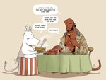 anthro apron apron_only breakfast chair clothing coat cooking dialogue duo ears_up eating eyes_closed female food furniture holding_fork holding_plate horn jacket male monotone_background pancake red_body simple_background speech_bubble steam table tail tan_background text topwear trenchcoat white_body kirjoart hellboy_(series) the_moomins hellboy_(character) moominmamma cambion demon humanoid moomin 2019 4:3 english_text signature