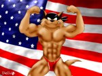 4_fingers abs american_flag anthro biped black_nose brown_body brown_fur cheek_tuft clothed clothing facial_tuft featureless_chest fingers flexing fur fur_tuft humanoid_hands looking_at_viewer male mask muscular muscular_anthro muscular_male pose red_clothing red_speedo red_swimwear smile solo speedo standing swimwear tail teeth tuft united_states_of_america white_eyes fabfelipe hanna-barbera swat_kats jake_clawson razor_(swat_kats) domestic_cat felid feline felis mammal 2007 4:3 digital_media_(artwork)