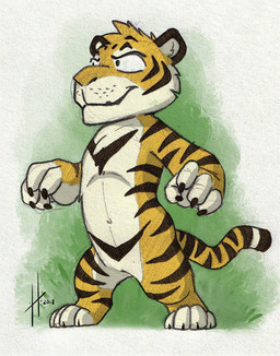 anthro black_claws chibi claws closed_smile featureless_crotch finger_claws fur head_tuft male male_anthro markings mouth_closed nude simple_background smile solo standing striped_arms striped_legs striped_markings striped_tail stripes tail tail_markings tuft white_body white_fur yellow_body yellow_fur hufnaar ulbrek felid mammal pantherine tiger colored_sketch full-length_portrait portrait sketch