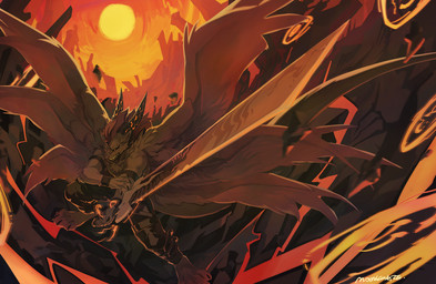 5_fingers anthro black_body black_fur claws fingers fur holding_object horn humanoid_hands male melee_weapon multi_wing outside painting_(object) paws solo standing sun sword teeth weapon wings moonagvaze mammal signature