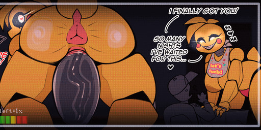 anus areola big_areola big_breasts breasts butt butt_focus clothing female female_focus genitals glistening glistening_butt half_naked looking_at_viewer looking_back machine male male/female motion_lines nude onomatopoeia penis pink_clothing pink_underwear plap rear_view sound_effects tail tail_motion tailwag text underwear vaginal vein veiny_penis yellow_body trifecta_(artist) five_nights_at_freddy's five_nights_at_freddy's_2 scottgames toy_chica_(fnaf) animatronic avian bird chicken galliform phasianid robot animated english_text hi_res