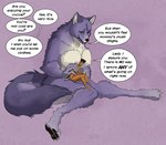 anthro between_breasts big_breasts black_body black_skin breasts claws container cup dialogue duo fangs female fur hair human_on_anthro inner_ear_fluff interspecies larger_anthro larger_female looking_down looking_up macro male male/female micro mommy_kink motherly nude on_thigh pawpads purple_body purple_fur simple_background size_difference smaller_human smaller_male speech_bubble teeth text tuft white_body white_fur comictf mythology canid canine canis human mammal mythological_canine mythological_creature werecanid werecanine werecreature werewolf wolf digital_media_(artwork) english_text