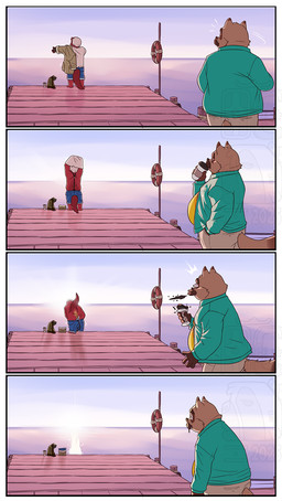 4_fingers anthro bag beanie belly beverage big_belly black_nose blood bodily_fluids brown_body brown_fur butt clothed clothed_anthro clothed_male clothing coat coffee coffee_cup container cup drinking duo fingerless_gloves fingers fur gloves handwear hat headgear headwear humanoid_hands jacket male male/male nosebleed nude outside pier shirt skinny_dipping spit-take standing suspenders tail topwear undressing eclipticafusion animal_crossing nintendo pascal_(animal_crossing) tom_nook_(animal_crossing) canid canine mammal mustelid otter raccoon_dog tanuki comic hi_res