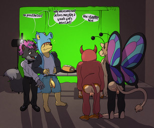 actor antennae_(anatomy) anthro assless_pants backsack balls bottomwear bow_tie brown_eyes butt cake clothing comparing comparing_penis costume crotchless_shorts cut_vs_uncut denim denim_bottomwear denim_clothing denim_shorts dessert dialogue dipstick_ears ear_markings feet female film_studio food footwear foreskin furniture genitals green_screen hair humiliation insect_wings jewelry lepidopteran_wings lights long_hair male multicolored_ears pants penis penis_humiliation red_hair roll_cake shirt shoes shorts smug smug_face smug_grin spade_tail table tail text topwear unretracted_foreskin wearing_costume wings yellow_sclera argon_vile stephen_(chocolaterabbit) aquatic arthropod butterfly canid canine canis chipmunk demon demon_humanoid felid fish ground_squirrel humanoid insect lepidopteran lion mammal pantherine rodent sciurid seahorse syngnathid syngnathiform wolf 6:5 english_text hi_res