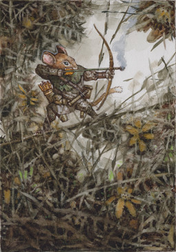 anthro arrow_(weapon) bow_(weapon) brown_body clothed clothing fire_arrow fully_clothed green_clothing holding_bow_(weapon) holding_object holding_ranged_weapon holding_weapon looking_aside male quiver_(object) ranged_weapon scabbard solo standing tail weapon larry_macdougall mammal mouse murid murine rodent hi_res painting_(artwork) traditional_media_(artwork) watercolor_(artwork)