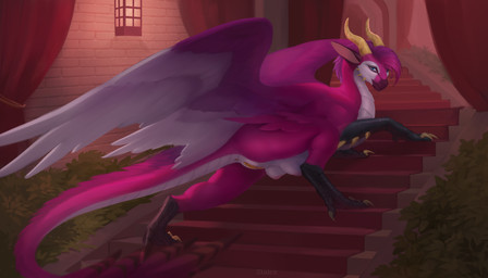 anus bedroom_eyes bird_legs black_legs black_markings blue_eyes butt butt_focus castle feather_markings feathered_wings feathers female female_feral feral fur fur_markings genitals golden_claws hair horn inside looking_at_viewer looking_back looking_pleasured mane mane_hair markings markings_on_body narrowed_eyes pink_body pink_wings plant presenting presenting_vulva purple_body purple_wings rear_view red_curtains red_rug rug seductive shrub solo spikes stairs tail_anus teasing teasing_look teats udders vulva white_wings wings yellow_horn yellow_spikes yellow_vulva conditional_dnp ztalex mythology dragon mythological_creature mythological_scalie scalie 7:4 absurd_res hi_res