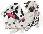 animal_genitalia animal_penis animal_print animal_print_thigh_highs anthro balls bell bell_collar bodily_fluids bottle butt clothing collar container cow_print cow_print_thigh_highs cum cum_drip cum_in_ass cum_inside dripping ear_piercing ear_tag equine_genitalia equine_penis erection facial_piercing flared_penis fur genital_fluids genitals hair hair_over_eyes horn legwear male mechanical_arm milk_bottle nose_piercing nose_ring number numbered_ear_tag numbered_tag pattern_clothing pattern_legwear pattern_thigh_highs penis penis_tuck piercing ring_piercing simple_background solo tail text thigh_highs white_body white_fur white_hair oatmealkasha bovid caprine goat mammal digital_media_(artwork) hi_res