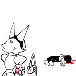 ambiguous_gender angry anthro blood blush bodily_fluids broken_heart cross-popping_vein duo female flail floating_hands limp lying lying_on_ground machine melee_weapon on_ground on_side rear_view weapon whip kaibootsu deltarune family_guy_death_pose undertale_(series) kris_(deltarune) tasque_manager felid feline human mammal robot 1:1 2021 hi_res meme monochrome sketch