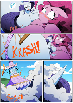 anthro big_breasts big_butt blush border breasts butt butt_expansion destruction expansion female growth horn interrobang macro white_border vale-city friendship_is_magic hasbro my_little_pony mythology pinkie_pie_(mlp) rarity_(mlp) earth_pony equid equine horse mammal mythological_creature mythological_equine pony unicorn absurd_res comic hi_res