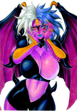 big_breasts blue_eyes blue_hair blue_lips blush breasts colored_nails female front_view hair heterochromia lips looking_at_viewer membrane_(anatomy) membranous_wings multicolored_hair nails navel purple_body red_eyes simple_background solo thick_thighs two_tone_hair white_background white_hair wide_hips wings yellow_nails nero_undead yu-gi-oh! yubel demon demon_humanoid duel_monster humanoid winged_humanoid absurd_res hi_res